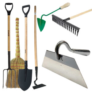 Граблі, лопати, сапки, розпушувачі, мотижки, віники, вила